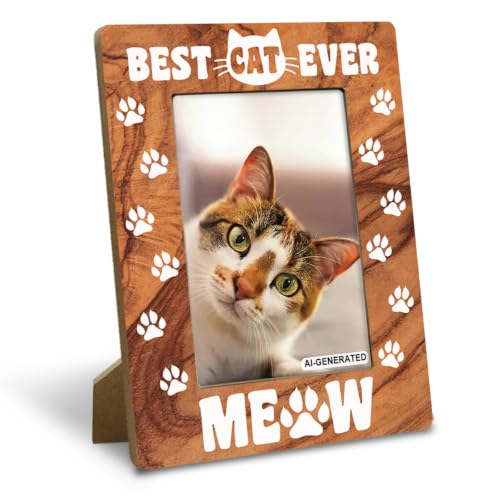 Yxadu Best Cat Ever Meow Wooden Home Decor Cat Wooden Picture Frame Farmhouse Home Office Bedroom Desk Decor Rustic Photo Frames 4 x 6 with Stand-Rustic Nature Wood Texture