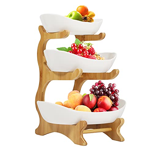 Veloqua 3 Tier Fruit Bowl For Kitchen Counter,Ceramic Fruit Bowl,Large Fruit Basket for Fruit and Vegetable Storage,Fruteros para Cocina,Pottery (White)