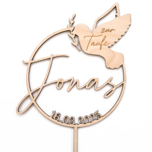 Cake Topper Taufe personalisiert aus Holz | Mit Name & Datum | Torten Topper zur Taufe mit Taube | Individuelle Tortendeko für Mädchen & Jungen | Personalisierter Kuchen Stecker für Tauftorte