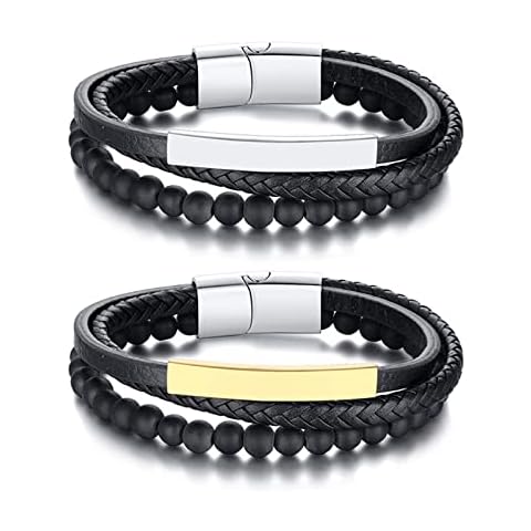 Skcess Men Jewelry Bracelet Black, Identification Bracelets Leather Bracelet Stainless Steel Bangle Bracelets for Men 21cm Cover