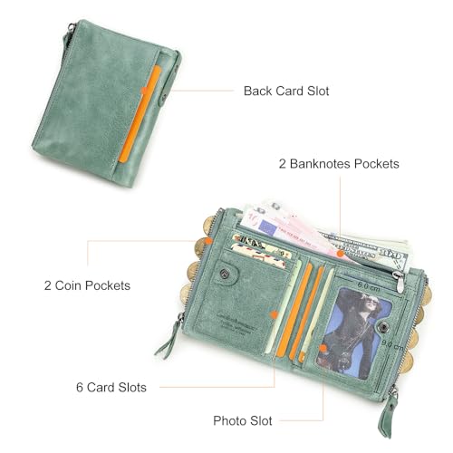 Image of CONTACTS Soft Leather Wallet for Women and Men Small Bifold Coin Purse Double Zipper Card Holder RFID Blocking (Matcha Green)