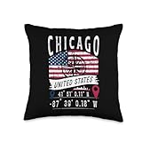 Chicago United States Flag GPS Coordinates Of Chicago Throw Pillow