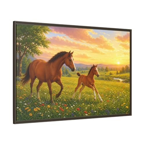 Tableau chevaux marron et or pour habiller un grand mur vide au-dessus d'un meuble