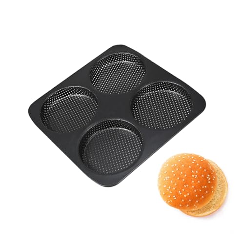 Licsaliwe Hamburger Bun Pan, 4 Cavity Carbon Steel Hamburger Bun Mold, Non-stick Hollow-Out Bread Mold, Easy to Clean Baking Pan for Hamburger Bread Muffin Muffin Pan