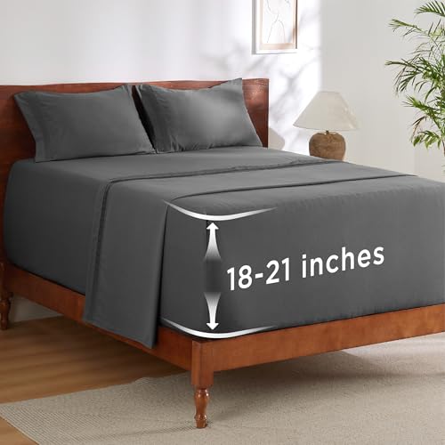 Image of Bedsure Deep Pocket California King Sheet Sets - Fits Mattresses Up to 21 Inches Thick - 4 Piece Bed Sheets, Moisture Wicking, Soft & Cooling Bedsheet & Pillowcases, Easy & Secure Fit, Grey