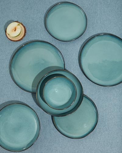 Image of Pokini 32 Piece Dinnerware Set for 8 with Pasta Bowls, Green Black Reactive Glaze Stoneware | All‑in‑One Host Set for Entertaining, Holiday Meals, Multi‑Course Dinners | Unique Irregular Coastal Look