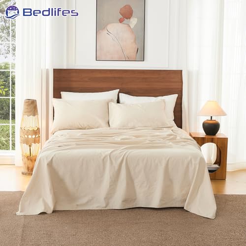 Image of Bedlifes 100% French Linen California King Bed Sheet Set - 16 inch Deep, 4Pcs | Soft & Durable, Breathable & Cooling, Pure Flax Linen, OEKO-TEX Certified, Moisture-Wicking, Easy Care, Machine Washable
