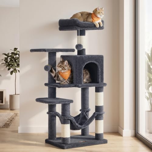 Image of Feandrea Cat Tree, 44.1-Inch Cat Tower, Plush Multi-Level Condo with 4 Scratching Posts, 2 Perches, Hammock, Cave, Smoky Gray UPCT261G01