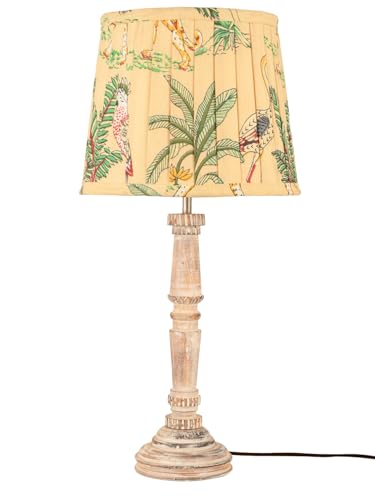 Image of Green Girgit Empire Wooden Lamp in Distress White Color with Pleeted Multiolor Green Shade, Reading & Bedside Table Lamp, Home & Room Decor