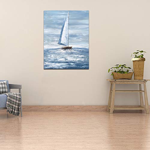 Yihui Arts Nautical Canvas Wall Art - Sailing Boat Painting - Modern Blue and White Abstract Coastal Pictures - Vertical Artwork for Living Room Bedroom Bathroom Decor - Image 4