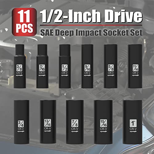 Epauto 1/2-Inch Drive Sae Deep Impact Socket Set, Cr-V, 6 Points, 11 Sockets #TOP2