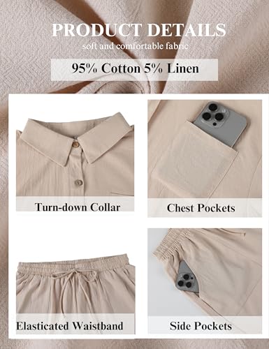 Image of SeekMe Linen Short Sets for Women Short Sleeve Top Shorts 2 Piece Summer Beach Vacation Outfits Lounge Tracksuits