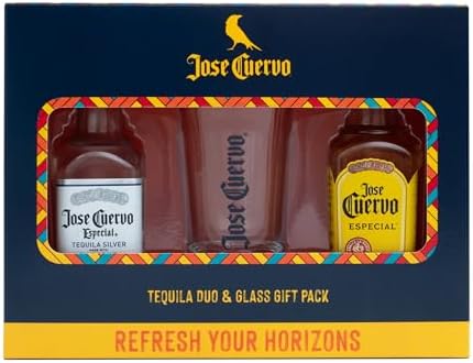 Tequila Gift Set - Jose Cuervo Tequila Gifts, 2x 5cl Jose Cuervo Reposado 38%, Jose Cuervo Silver 40%, Miniature Alcohol Bottles, 1 Official Spirit Shot Glass - Mini Birthday Gifts for Men, Women