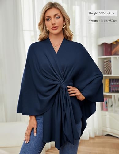PULI Damen Elegant Poncho Strick Ponchos Capes Vorne öffnen Vielseitige Schalwickel mit Lasche Dunkles Schieferblau