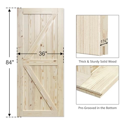 Image of SmartStandard 36in x 84in Sliding Barn Wood Door Pre-Drilled Ready to Assemble, DIY Unfinished Solid Spruce Wood Panelled Slab, Interior Single Door Only, Natural, K-Frame (Fit 6FT-6.6FT Rail)