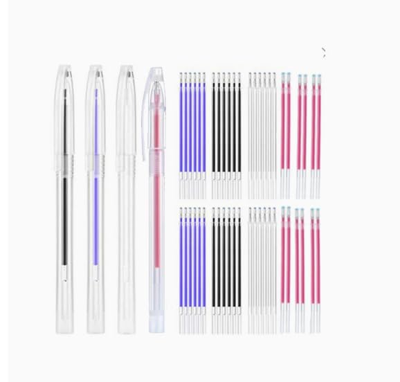Juego de 24 rotuladores de tela borrables, juego de rotuladores de costura con 4 lápices y 20 recargas, rotuladores textiles en 4 colores rojo, azul, blanco y negro, accesorios para coser acolchados