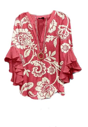 Women Boho Floral Print 3/4 Sleeve Ruffle Linen Top Dressy Summer Casual V Neck T Shirt Loose Beach Work Tunic Blouse