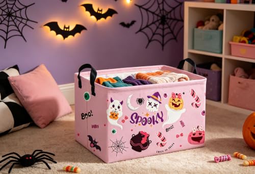 Image of Rectangle Kids Baskets Halloween Basket Pink Storage Bin Fish Box for Room Decor Gift Basket(Pink halloween)
