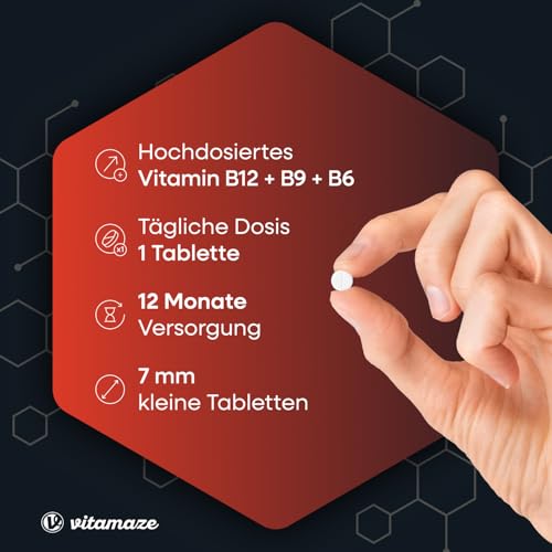 Vitamin B12 500 mcg hochdosiert, 360 Tabletten für 1 Jahr mit 375 mcg Vitamin B9 Folsäure + Vitamin B6, Natürliche Nahrungsergänzung ohne Zusatzstoffe, Made in Germany