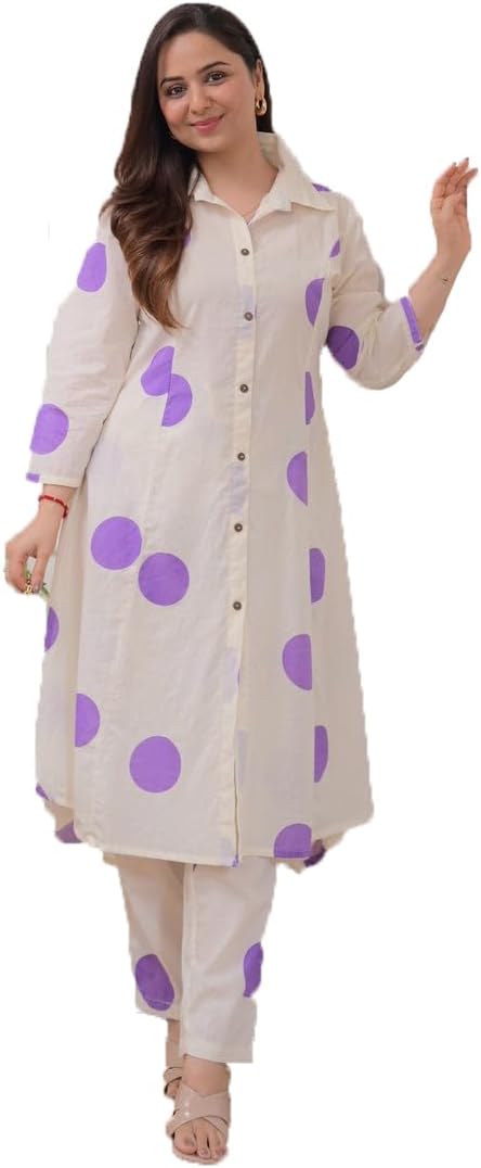 Women's Cotton Kurta Cord Set-White and Purple Polka Dots