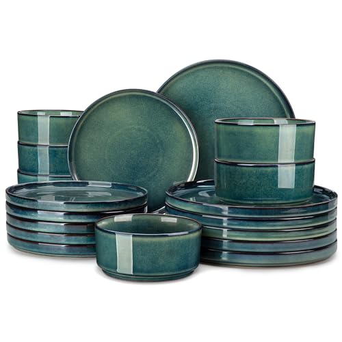 Image of vancasso Plates and Bowls Sets for 6, 18 Pieces Green Dinnerware Sets for Kitchen, Modern Stoneware Dishes Set, Dishwasher and Microwave Safe, Series Starry