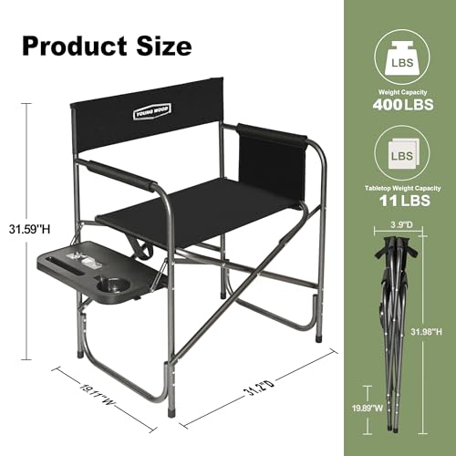 YOUNG WOOD Silla Director de Camping, Plegable Ligera Sobredimensionada con Mesa Lateral y Bolsillos de Almacenamiento para Camping, Césped, Picnic y Pesca, Soporta 400 libras (Negra) miniatura 2