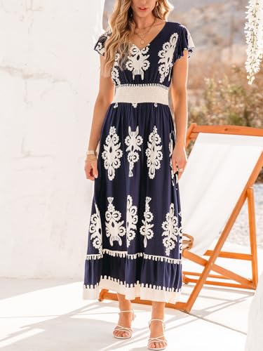 Image of CUPSHE Women's Summer Midi Dress V Neck Ruffle Short Sleeve Smocked Waist Dress