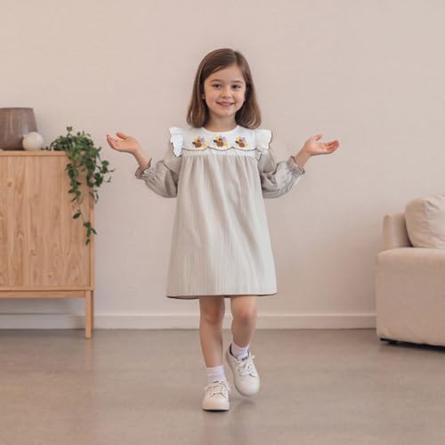 Little Kids Toddler Baby Girl Thanksgiving Dress Turkey Embroidery Long Sleeve Smocked Dress Plaid Fall Dresses4