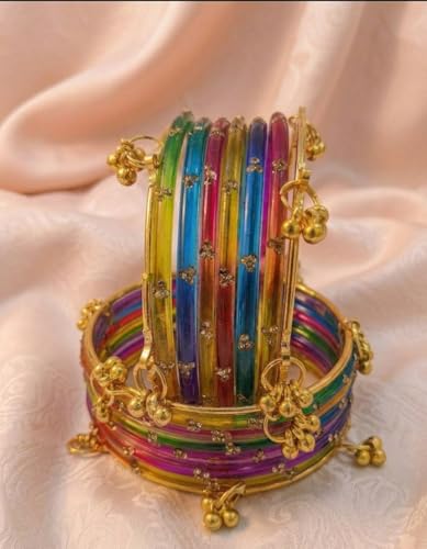 Image of NMII Viral Multi Colour Glass Bangles with Golden Ghungroo Charms & Stone Work For Women & Girls | Fancy Designer Glass Bangle | Traditional Chudi | Kanch Ki Churi | Stylish Ghungroo Bangle For Women
