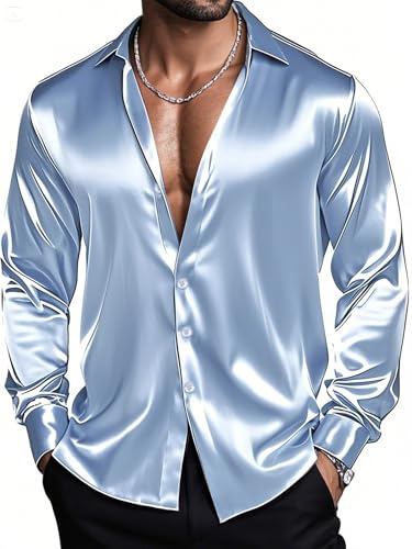 Barry.Wang Mens Blue Silk Satin Dress Shirts Shiny Luxury Sky Blue Long Sleeve Button Down Shirts Formal Casual Disco