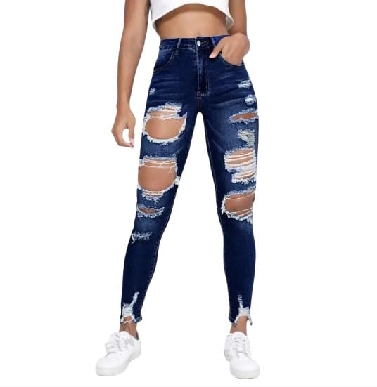 Women's Dark Wash Cut Out Ripped Raw Hem Skinny Jeans - High Stretch Denim4