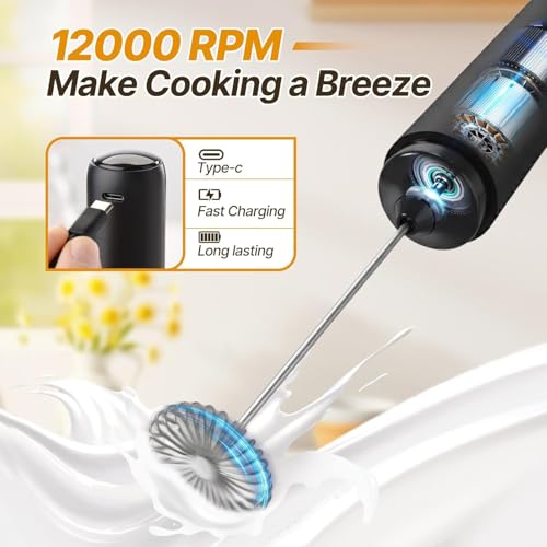 LSLCQW Rechargeable Milk Frother Handheld, Coffee Frother Wand Drink Mixer with Stainless Steel Whisk for Coffee, Cappuccino, Lattes, Frappe, Matcha and Hot Chocolate, (Black) - image 3