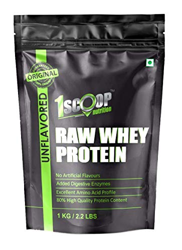 1 Scoop Nutrition Raw Whey Protein Powder, 80% Concentrate Supplement with Digestive Enzymes for Men and Women, Natural Performance, 24 gm Per Serving, Organic, USA Made (1 kg, Unflavoured)