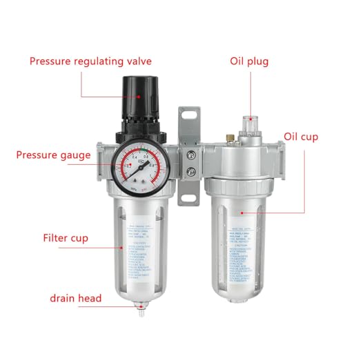 Telituny Druckminderer Druckluft, 1/2 Zoll Öl Wasser Regulator mit Manometer, Aluminiumlegierung Luftfilterregler Pneumatischer Druckluftfilterregler, für Druckluftkompressor