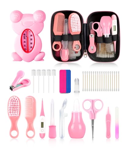 Image of Baby Grooming and Healthcare Kit, Portable Baby Safety Care Set with Hair Brush Comb Nail Clipper Nasal Aspirator for Nursery Newborn Infant Girl Boy (25 in 1 Pink)