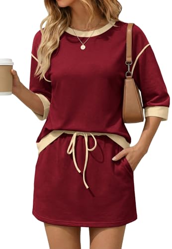 Image of Tankaneo Womens 2 Piece Skirt Sets 3 /4 Sleeve Sweatshirt Lounge Sets | Skort Sets, Color Block, Summer Casual, Matching Sets, Trendy Outfits