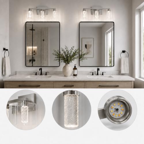 Image of 3-Light LED Vanity Light Fixtures for Bathroom,Brushed Nickel | Bathroom Light Fixtures Over Mirror, 3 Color Lighting, Crystal Bubble Glass & Clear Glass Shade, Modern Vanity Light