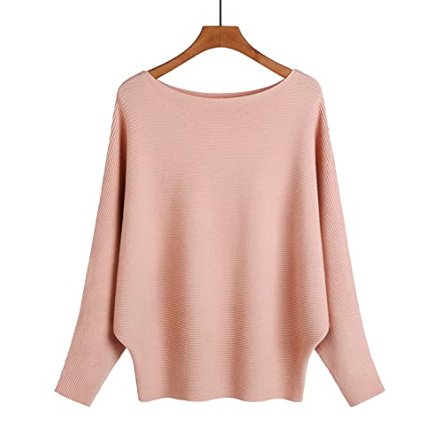 Image of Blostirno Women's Boat Neck Batwing Sleeves Dolman Ribbed Knitted Sweaters Pullovers Tops