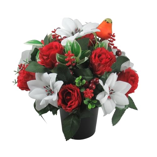 Christmas grave arrangement 24cm (9.5 inches) in grave pot/vase with white poinsettias and red open roses (With Robin) (Robin Pick)
