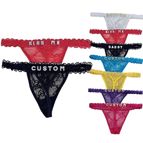 2-Pack Personalized Thongs with Names,Custom Thongs with Name On It,Custom Lace Underwear Panties with Rhinestone Shiny Letter Name for Women Wife Girlfriend,Custom Lingerie with names,Valentines Day