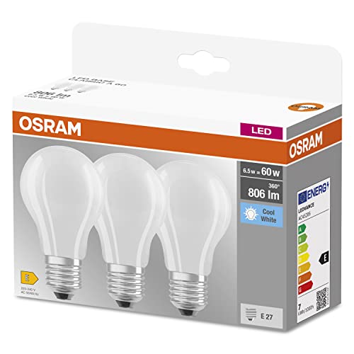 Osram LED-Lampe, Sockel: E27, Kalt weiß, 4000 K, 6,50 W, Ersatz für 60-W-Glühbirne, matt, LED BASE CLASSIC A, 3er-Pack – Ansicht 2