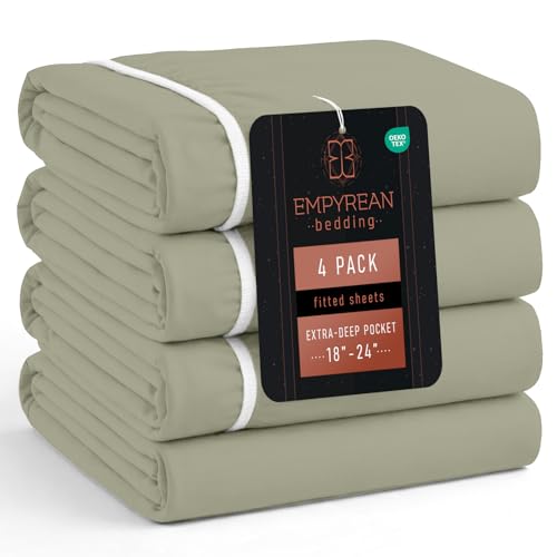 Empyrean 4 Pack Light Green Fitted Sheet Extra Deep Pocket, Hotel Luxury Cal King Fitted Sheet Only Easily Fits 18 to 24 Inch Mattress, Super Soft, Wrinkle-Free and Breathable with Corner Straps