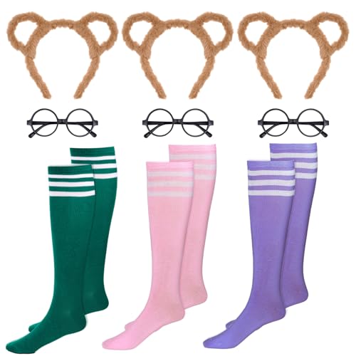 Image of Yolyoo 9 Pieces Chipmunks Costumes Set Chipmunk Ears Headband Round Frame Glasses Knee-High Socks for Halloween Costume