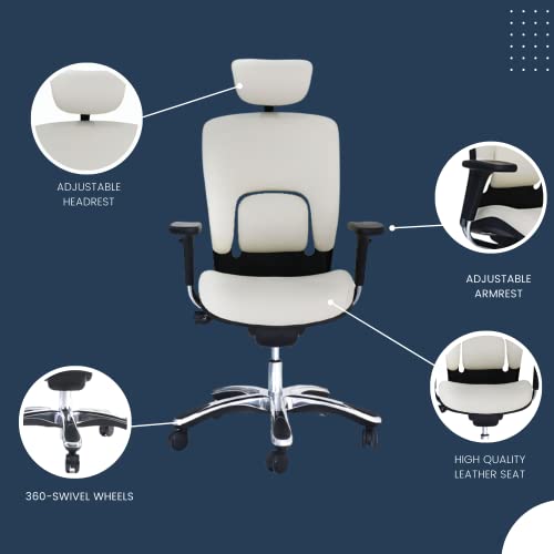 Gm Seating Ergolux Genuine Leather Executive Office Chair - Lumbar Support, Ergonomic Office Chair For Home Office - Desk Chair With Headrest, Seat Slide, Ratchet Back, 3D Adjustable Armrest – White #TOP2