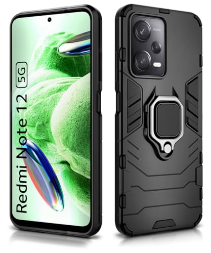 Image of WOW IMAGINE Shock Proof Back Case Mobile Cover for Xiaomi Redmi Note 12 5G | Poco X5 5G | Back Cover Case (Tough Armor | Hybrid PC + TPU | Ring Holder & in-Built Kickstand | Black)