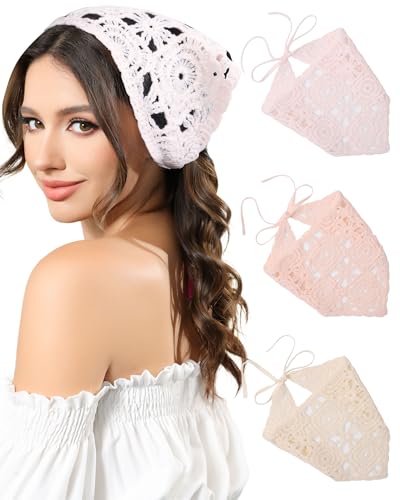 AWAYTR 3Pcs Crochet Head Scarf Tie-Back Headband Triangle Scarf for Women