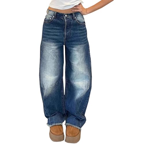 Viatabuna Wide Leg Jeans for Women Mid Waist Baggy Straight Leg Denim Washed Pants Raw Hem Y2k Loose Boyfriend Jeans