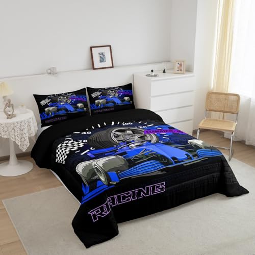 Image of Feelyou Kids Racing Car Duvet Insert Queen Size, Extreme Sports Comforter Set Boys Girls Karting Road Bedding Set Teens Bedroom Decor Microfiber Bed Set
