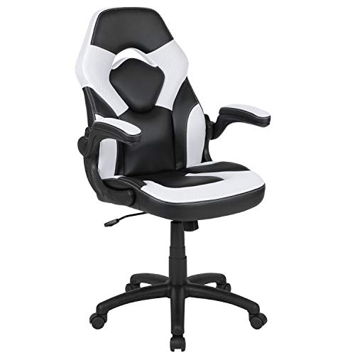 Flash Furniture X10 High-Back LeatherSoft Racing Style Gaming Chair with Flip-Up Arms, Ergonomic Padded Swivel Computer Chair, White/Black by Flash Furniture - Used condition - US$64.41