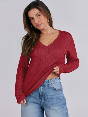Image of ANRABESS Women's Cable Knit V Neck Fitted Sweaters
